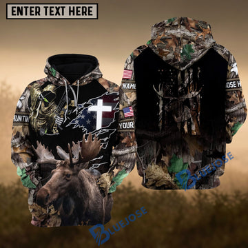 BlueJose Grass Brown Moose Hunting USA Flag Cross With Reaper Bow Custom Name Shirt 3D All Over Printed Clothes