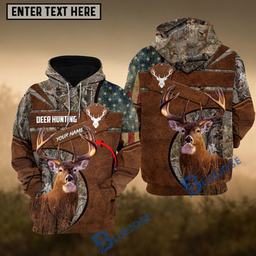 BlueJose Brown Deer Hunting USA Flag Retro Custom Name Shirt 3D All Over Printed Clothes