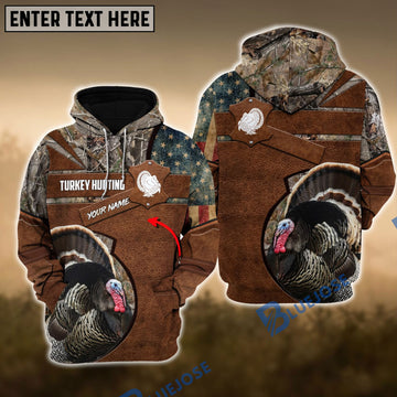 BlueJose Brown Turkey Hunting USA Flag Retro Custom Name Hoodie Shirt 3D All Over Printed Clothes