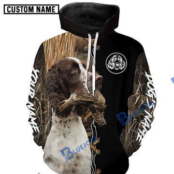 BlueJose English Springer Spaniel Hunting Dog Custom Name Hoodie Shirt for Hunter | Grouse