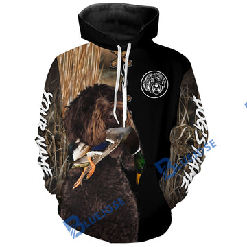 BlueJose Chocolate Labradoodle Hunting Duck Dog Custom Name Hoodie Shirt for Hunter
