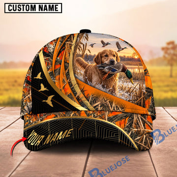 BlueJose Dog Hunting And Duck Orange Camo Curved Stripe Marsh Hunting Scene Personalized Name 3D Cap (8 Dog Breeds)