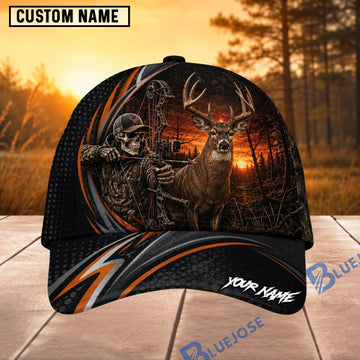 BlueJose Hunting Orange Stripe Skull Archer and Deer Sunset Design Personalized 3D Cap
