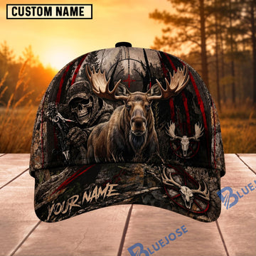 BlueJose Hunting Skull Bowhunter Red Stripe Camo Personalized 3D Cap (12 animals)