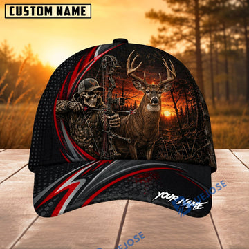 BlueJose Hunting Red Stripe Skull Archer and Deer Sunset Design Personalized 3D Cap (9 animals)