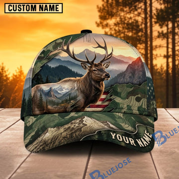 BlueJose Elk Hunting Mountain Elk Scenic Personalized Name 3D Cap