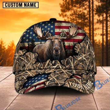 BlueJose Moose Hunting Patriotic Mountain Moose Personalized Name 3D Cap