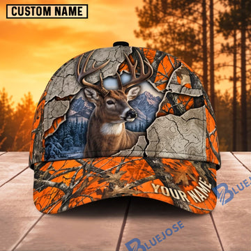 BlueJose Deer Hunting Orange Crack Camo Buck Personalized Name 3D Cap