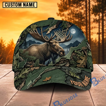 BlueJose Moose Hunting Mountain Woodland Camo Personalized Name 3D Cap