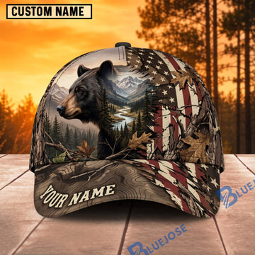 BlueJose Bear Hunting American Flag Wilderness Personalized Name 3D Cap