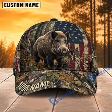 BlueJose Hunting American Flag Woodland Personalized Name 3D Cap (9 animals)