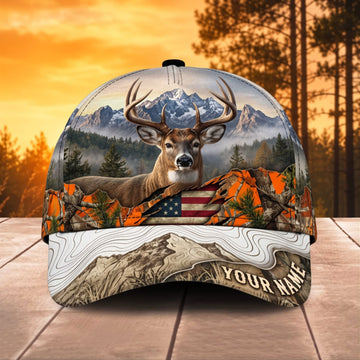BlueJose Deer Hunting Winter Mountain Orange Camo Personalized Name 3D Cap