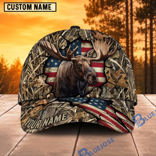 BlueJose Hunting Patriotic Flag Antler Woodland Camo Personalized Name 3D Cap (9 animals)