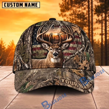 BlueJose Deer Hunting Rustic American Flag Forest Sunset Personalized Name 3D Cap