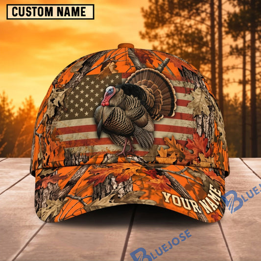 BlueJose Turkey Hunting American Flag Orange Camo Personalized Name 3D Cap