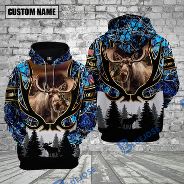 BlueJose Moose Hunting Blue Camouflage Forest Pattern Custom Name Shirt 3D All Over Printed Clothes