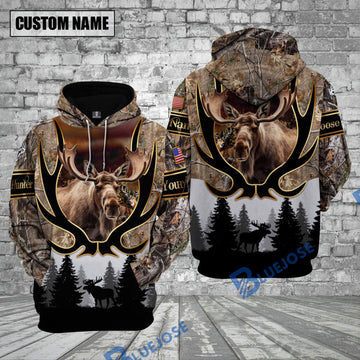 BlueJose Moose Hunting Grass Brown Camouflage Forest Pattern Custom Name Shirt 3D All Over Printed Clothes