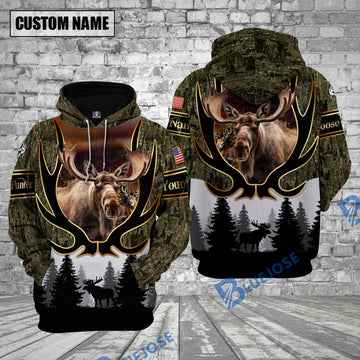 BlueJose Moose Hunting Moss Camouflage Forest Pattern Custom Name Shirt 3D All Over Printed Clothes