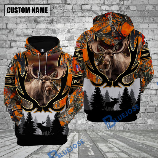 BlueJose Moose Hunting Orange Camouflage Forest Pattern Custom Name Shirt 3D All Over Printed Clothes