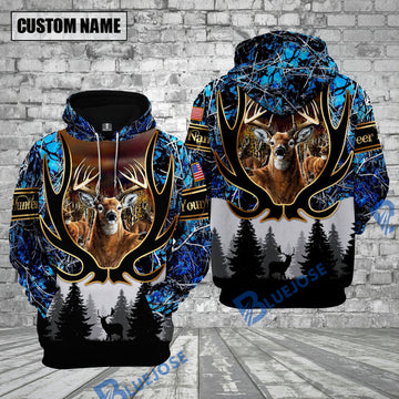 BlueJose Deer Hunting Blue Camouflage Forest Pattern Custom Name Shirt 3D All Over Printed Clothes