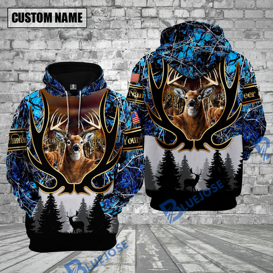 BlueJose Deer Hunting Blue Camouflage Forest Pattern Custom Name Shirt 3D All Over Printed Clothes
