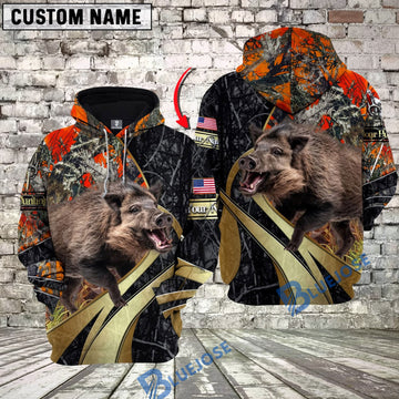 BlueJose Orange Camo Boar Hunting Custom Name Hunter Apparel With American Flag 3D Hoodie All Over Printed Clothes