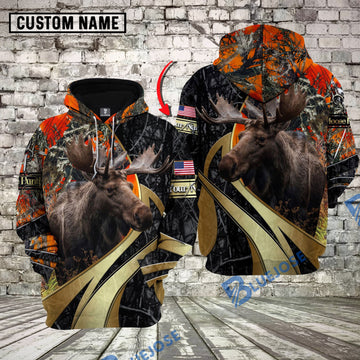 BlueJose Orange Camo Moose Hunting Custom Name Hunter Apparel With American Flag 3D Hoodie All Over Printed Clothes
