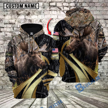 BlueJose Grass Brown Camo Moose Hunting Custom Name Hunter Apparel With American Flag 3D Hoodie All Over Printed Clothes