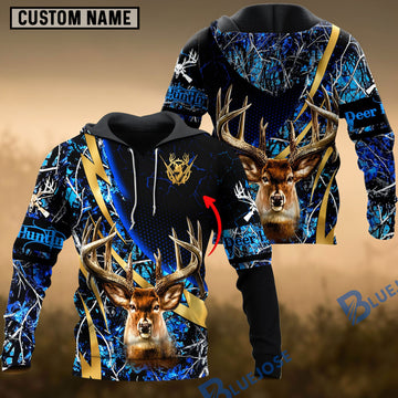 BlueJose Deer Hunting Hoodie Blue Camo Bold Antlers Multioptions Custom Name Shirt 3D All Over Printed Clothes