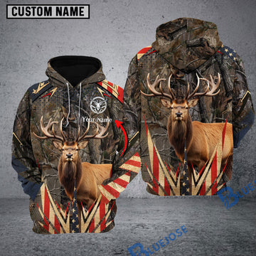 BlueJose Elk Hunting Antler Grass Brown Camo Forest USA Flag Pattern Custom Name Shirt 3D All Over Printed Clothes