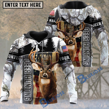 BlueJose Deer Hunting White Camo USA Flag Pattern Custom Name Shirt 3D All Over Printed Clothes