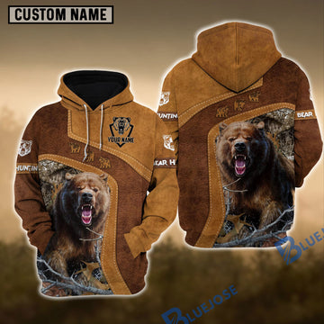 BlueJose Bear Hunting Leather Pattern Custom Name Hoodie Shirt 3D All Over Printed Clothes
