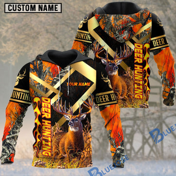 BlueJose Deer Hunting Orange Camouflage Fire Pattern Custom Name Shirt 3D All Over Printed Clothes