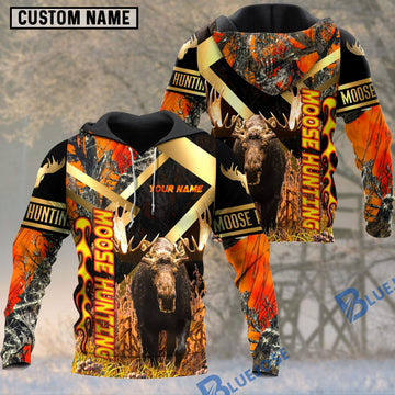 BlueJose Moose Hunting Orange Camouflage Fire Pattern Custom Name Shirt 3D All Over Printed Clothes