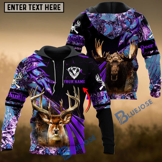 BlueJose Deer Hunting Purple Camo Dot Pattern Custom Name Shirt 3D All Over Printed Clothes