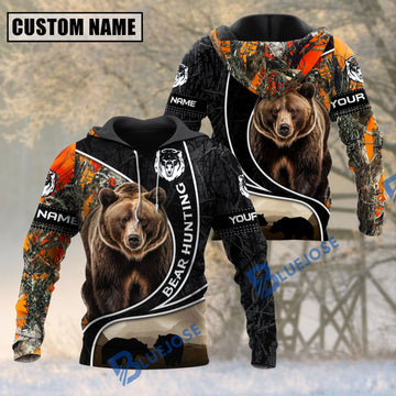 BlueJose Leather Pattern Bear Hunting Custom Name Hoodie Shirt 3D All Over Printed Clothes