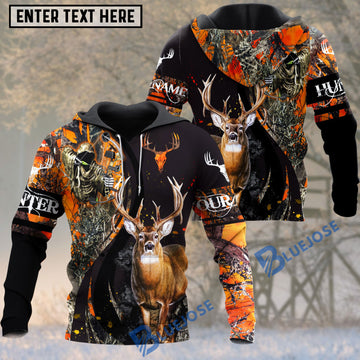 BlueJose Deer Hunting Orange Camo Pattern Reaper Custom Name Hoodie Shirt 3D All Over Printed