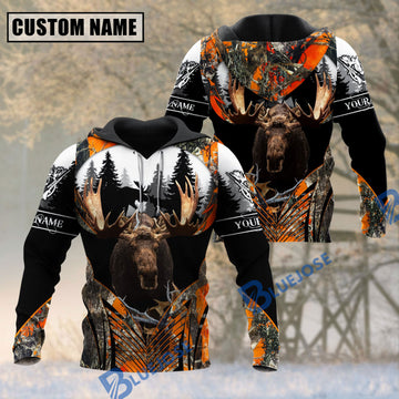BlueJose Moose Hunting Orange Camouflage Forest Pattern Custom Name Shirt 3D All Over Printed Clothes