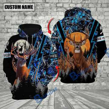 BlueJose Hunting Buck Deer Forest Blue Camo Personalized Name 3D Hoodie