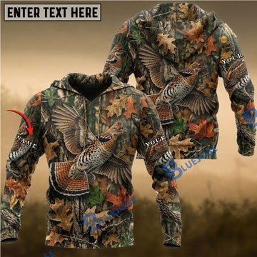 BlueJose Ruffed Grouse Hunting Autumn Forest Camo Leaves Flying Game Bird Personalized Name 3D Hoodie