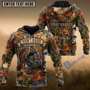 BlueJose Wild Turkey Hunting Hunt Hard Pray Harder Fall Leaves Camo Personalized Name 3D Hoodie