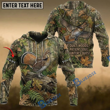 BlueJose Ruffed Grouse Hunting The Quiet Woods The Patient Soul Hunters Quest Camo Forest Multiple Options Personalized Name 3D Hoodie