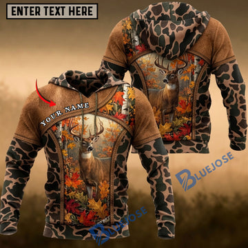 BlueJose Whitetail Deer Hunting Autumn Leaves Vintage Camo Buck Personalized Name 3D Hoodie