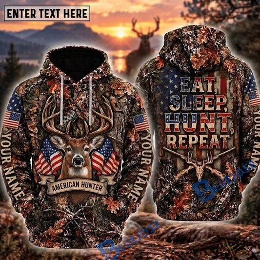 BlueJose Deer Hunting American Hunter Eat Sleep Hunt Repeat American Flag Buck Camo Personalized Name 3D Hoodie