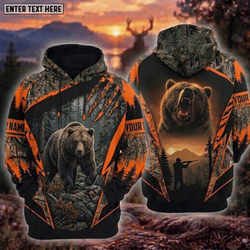 BlueJose Bear Hunting Grizzly Bear Claw Marks Roaring Bear Mountain Hunter Blaze Orange Camo Hoodie Personalized Your Name 3D Hoodie