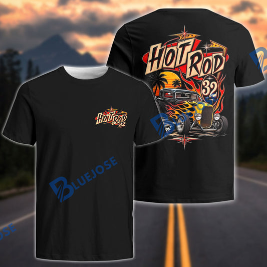 BlueJose Custom Photo Personalized Car Hot Rod 32 T-Shirt – Retro Sunset Flame Coupe