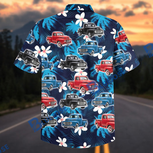 BlueJose Custom Photo Vintage Hawaiian Hot Rod Shirt – Classic American Pickup Truck Aloha Shirt