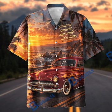 BlueJose Vintage Hot Rod Sunset Coast Hawaiian Shirt