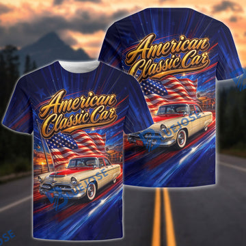 BlueJose American Classic Car 3D T-Shirt – 1955 Vintage Sedan Stars & Stripes All-Over Print Tee