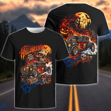 BlueJose Halloween Ride Never Dies 3D T-Shirt – Flaming Skull Hot Rod Grim Reaper All-Over Print Tee